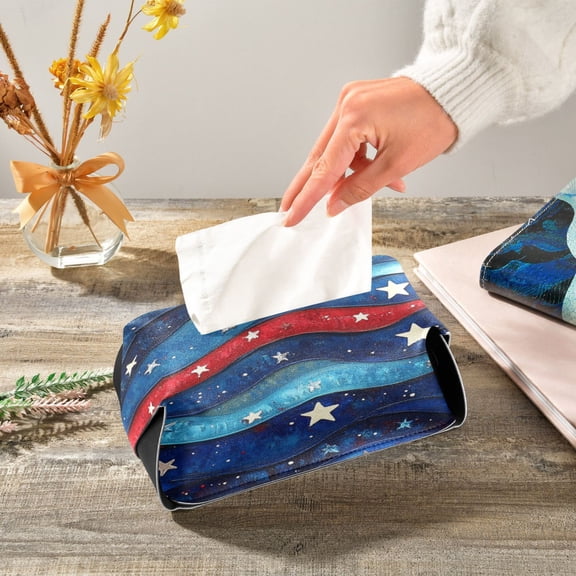 Retro Waves Stars Red White Blue Leather Tissue Box Cover Rectangle Tissue Holder Foldable