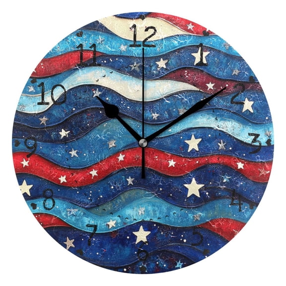 Retro Waves Stars Red White Blue Round Wall Clock Silent Analog Battery Operated Black Pointer Home Decor 9.84" Diameter
