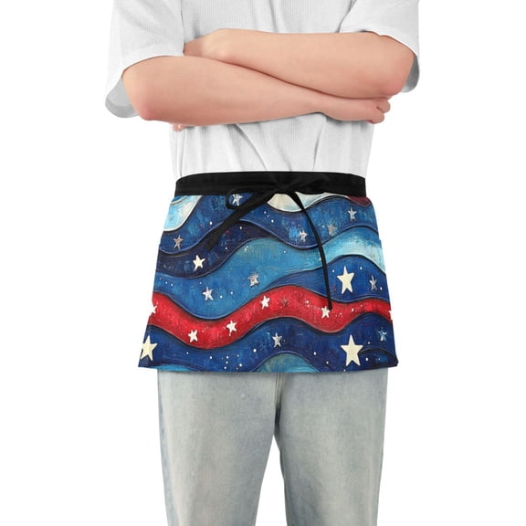 Retro Waves Stars Red White Blue Short Server Apron with 3 Pockets for Unisex Chef Gardening