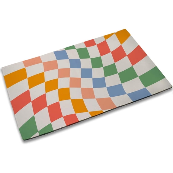 Retro Wavy Checkered Door Mat,Welcome Doormat 17 x 30 Inch Decorative Home Floor Mat, Non Slip Rubber Back and Strong Water Absorption for Outdoor Indoor Entrance Decor
