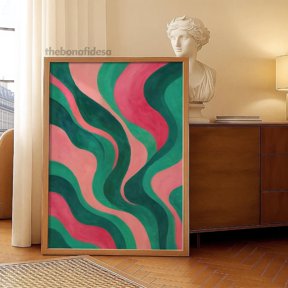Retro Wavy Mid Century Green Pattern Decor Wall Art Unframed Paper Print