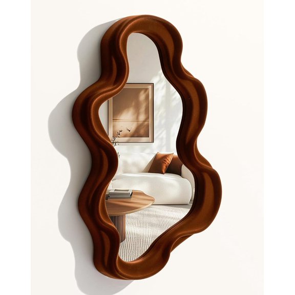 Retro Wavy Mirror Wall Decor for Living Room,Maroon Vintage Decor