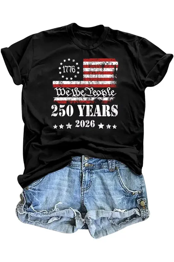 Retro We the People 1776 American Flag T-Shirt - 250 Years 2026 USA Patriotic Distressed Graphic Tee for Men and Women