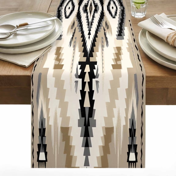 Retro Weaving Pattern Table Runner 13x108 inch Brown Abstract Ethnic Style Art Cotton Linen Dining Table Runner Ideal for Dresser Kitchen Coffee Tables - Machine Washable