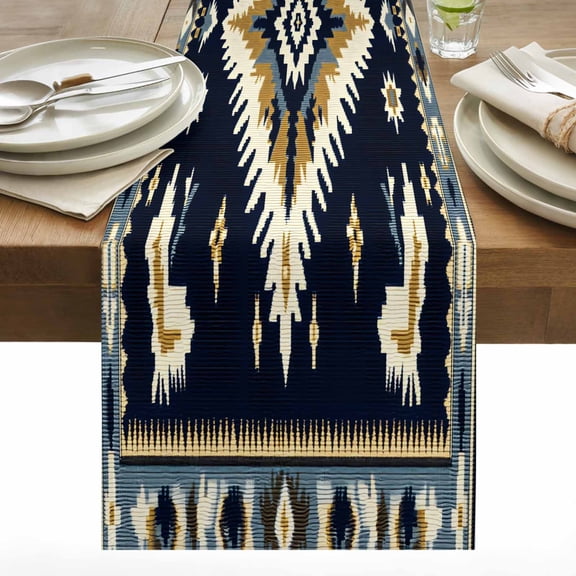 Retro Weaving Pattern Table Runner 13x48 inch Ethnic Black Geometric Texture Cotton Linen Dining Table Runner Ideal for Dresser Kitchen Coffee Tables - Machine Washable