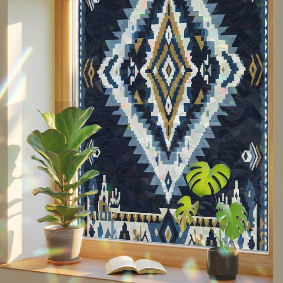 Retro Weaving Pattern Window Privacy Film, Ethnic Black Weaving Texture Stained Glass Rainbow Film Decorative Window Clings, Static Cling Sun Blocking Stickers 17.7" x 78.7"
