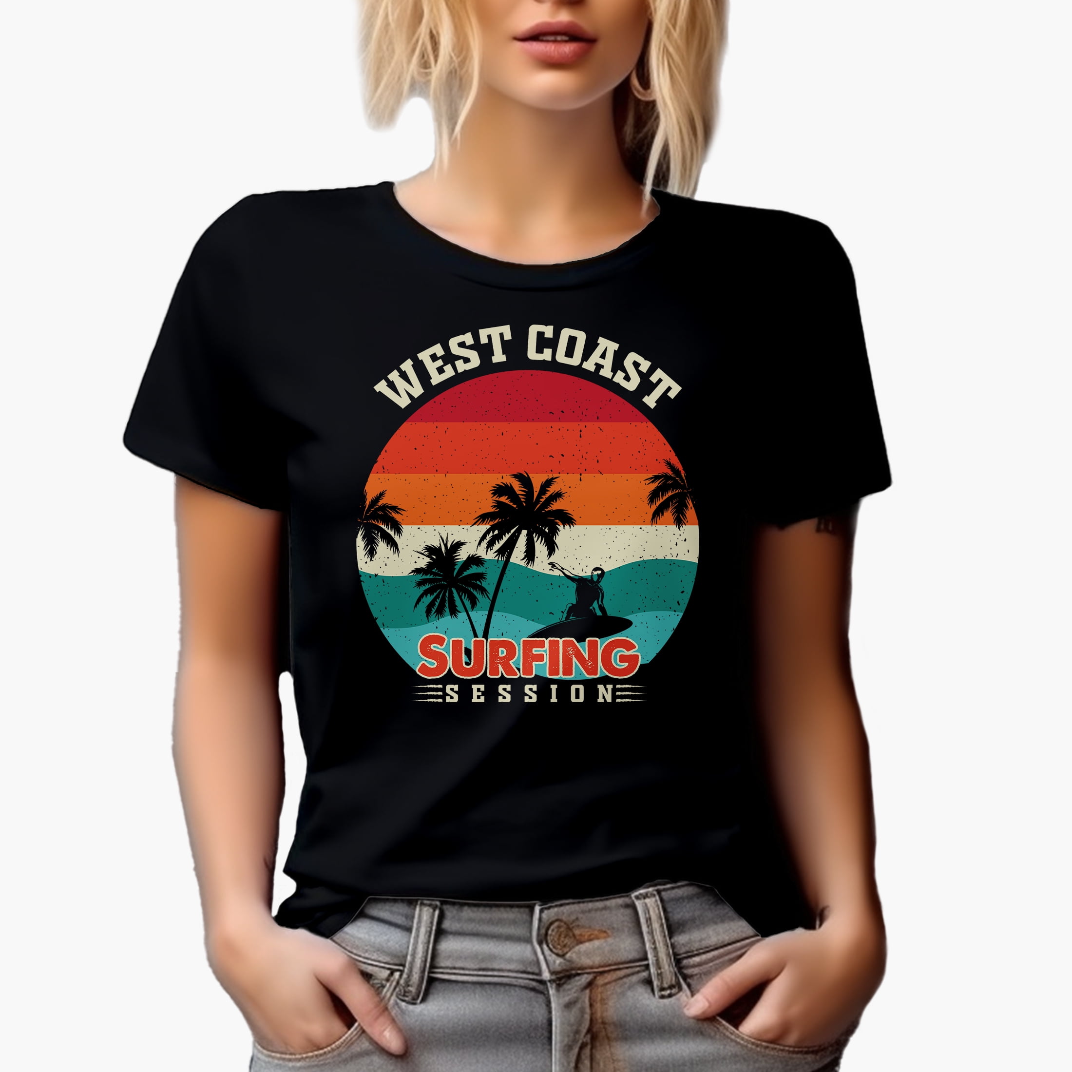 Retro West Coast Surfing Session with Palm Trees & Surfer, Black T-Shirt, 2XL