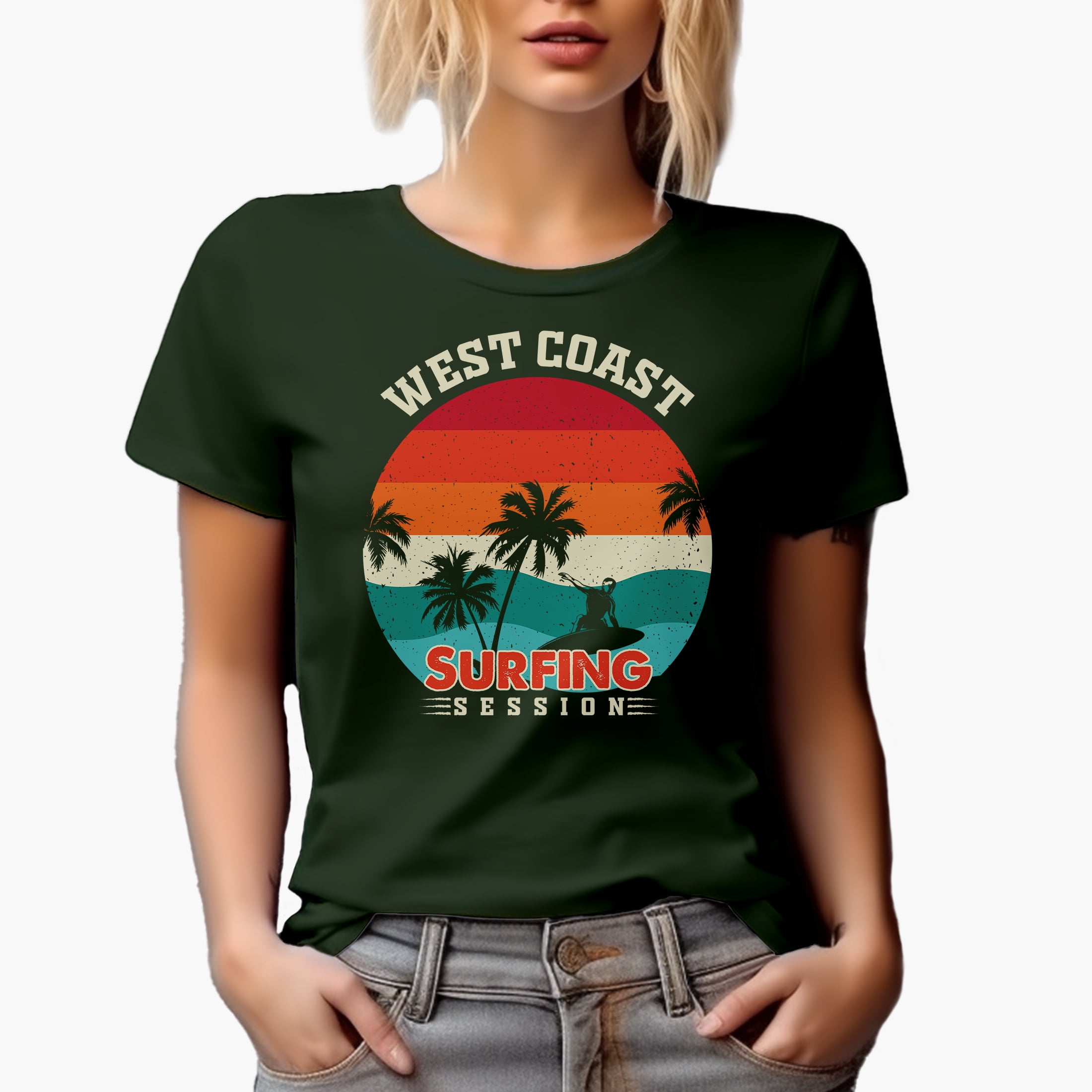 Retro West Coast Surfing Session with Palm Trees & Surfer, Military Green T-Shirt, 3XL
