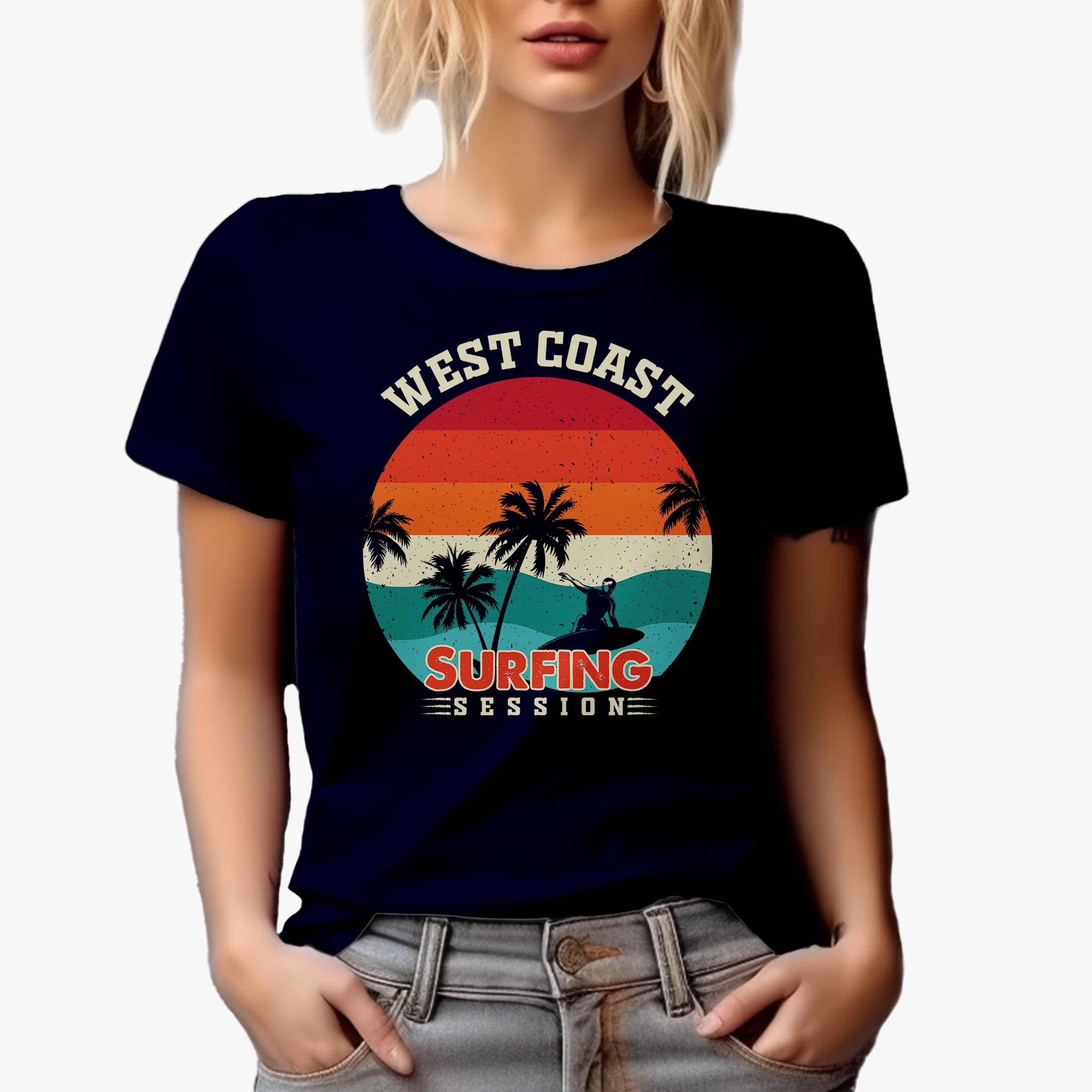 Retro West Coast Surfing Session with Palm Trees & Surfer, Navy Blue T-Shirt, 2XL
