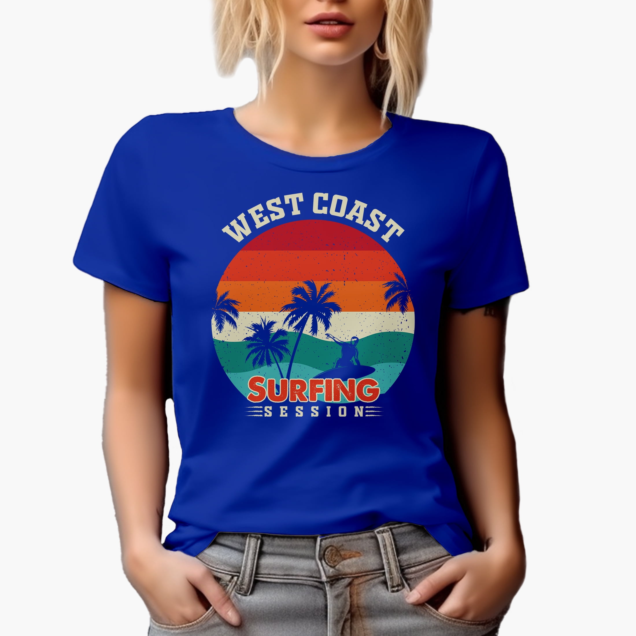 Retro West Coast Surfing Session with Palm Trees & Surfer, Royal Blue T-Shirt, Large