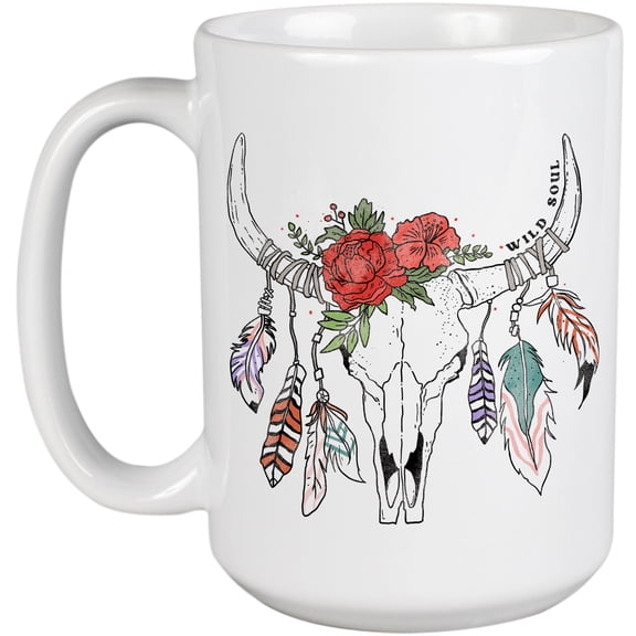 Retro Western Cow Skull Decorated with Flowers & Feathers Art Merch Gift, White 15oz Ceramic Mug