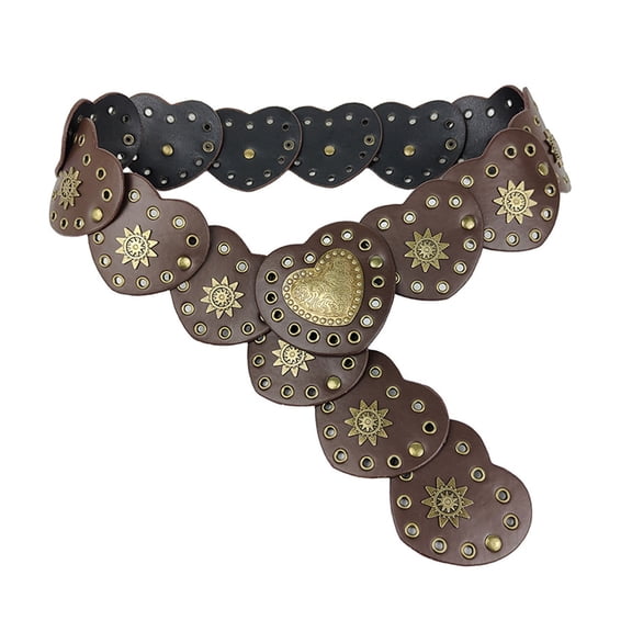 Retro Western Cowboy Belt Hollow Hole Metal Heart Stitching Waistband Solid Color Faux Leather Adjustable Belt Costume Accessories-Coffee