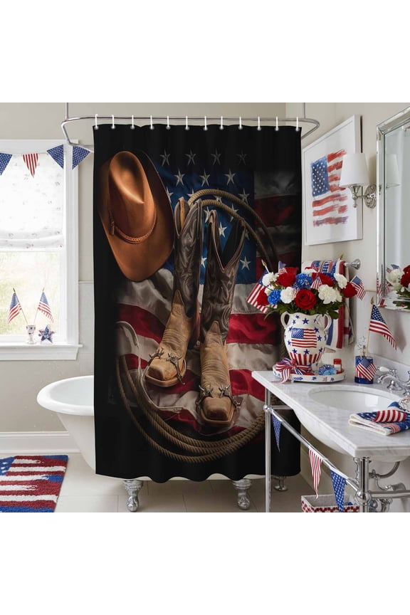 Retro Western Cowboy Boots Hat Shower Curtain for Bathroom, Nostalgic American Flag Waterproof Shower Curtains Washable Quick Dry with Hooks Bathtub Curtains 72x72IN