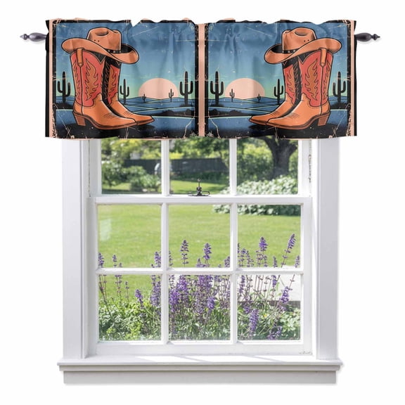 Retro Western Cowboy Boots Valances for Windows,Kitchen Valance Rod Pocket Short Curtain, Tropical Cactus Mountain Sunset Valance Curtain Window Valances for Bedroom Bathroom Living Room 42x12in