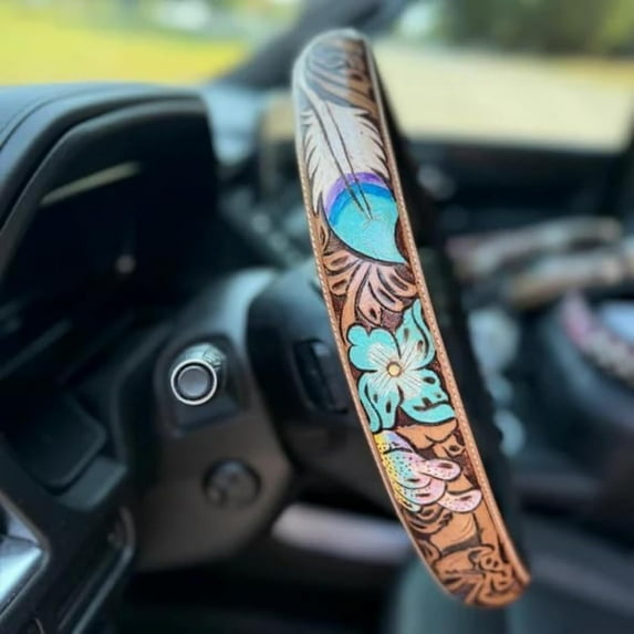 Retro Western Cowboy Car Universal Steering Wheel Cover, Hand - Carved Leather Steering Wheel Cover, Colorful Floral Pattern, Fit Steering Wheels with a 37–38 cm Diameter