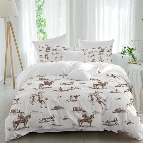 Retro Western Cowboy Queen Size Bed Set,Desert Horse Cactus Bedding for All Seasons,4 Pcs Bed Set,1 Quiltcover(90"x92"),1 Sheet(94"x116"),2 Pillowcases(30"x20")