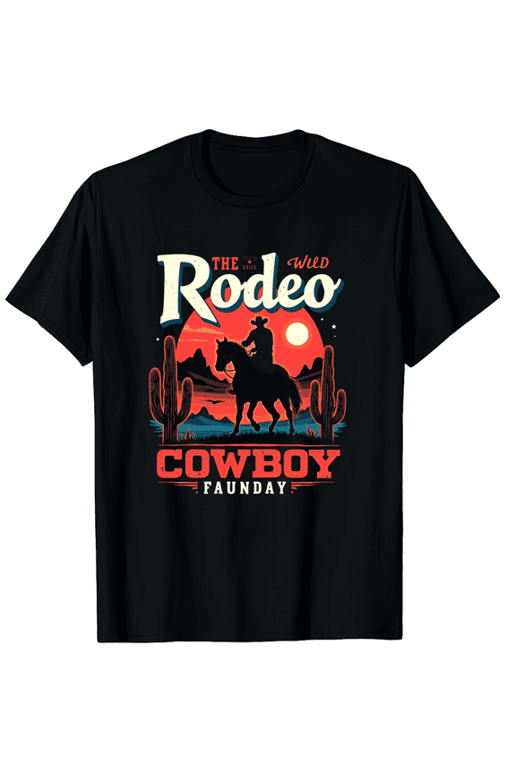 Retro Western Cowboy Rodeo Graphic T-Shirt Vintage Desert Sunset Horse Rider Apparel for Men and Women