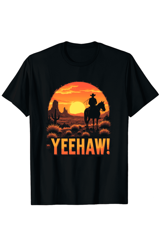 Retro Western Cowboy Sunset Graphic Tee - Vintage Yeehaw Desert Horse Silhouette T-Shirt for Men and Women - Classic Southwest Style Apparel