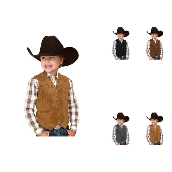 Retro Western Cowboy Vest for Boys, Casual V Neck Stylish Top, Vintage Suede Leather, Sleeveless Slim Fit Waistcoat