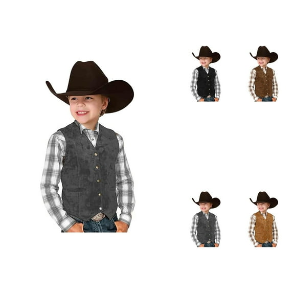 Retro Western Cowboy Vest for Boys, Casual V Neck Stylish Top, Vintage Suede Leather, Sleeveless Slim Fit Waistcoat