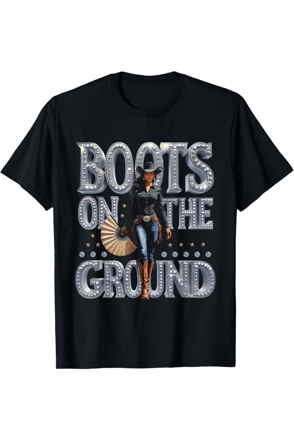 Retro Western Cowgirl Boots On The Ground Graphic T-Shirt - Southern Country Rodeo Style Rhinestone Print Fashion Tee