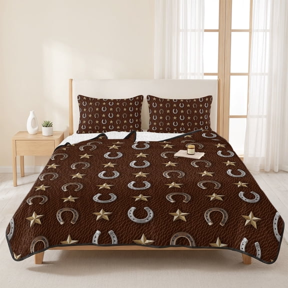 Retro Western Horse-footed Iron on Brown 3 Pieces Quilt Set,1 Quilt with 2 Shams,Yellow Star Bedspread Soft Lightweight Bedding Coverlet Comforter Set for All Season 96"x106"