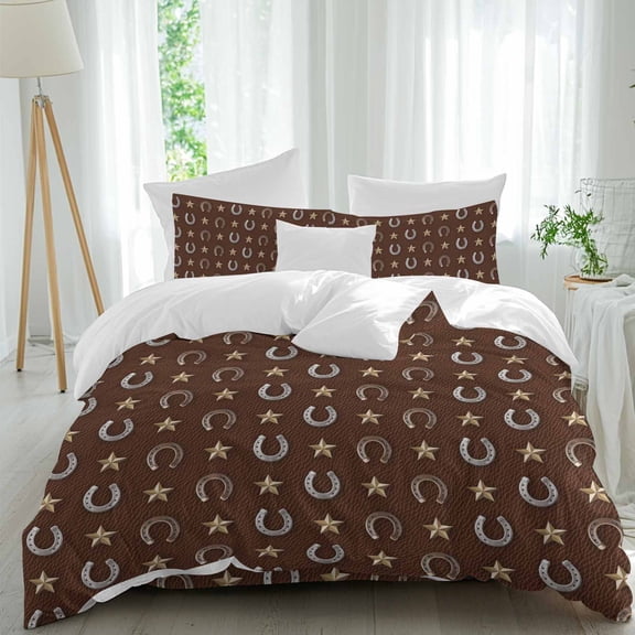 Retro Western Horse-footed Iron on Brown Queen Size Bed Set,Yellow Star Bedding for All Seasons,4 Pcs Bed Set,1 Quiltcover (90"x92"),1 Sheet(94"x116"),2 Pillowcases (30"x20")