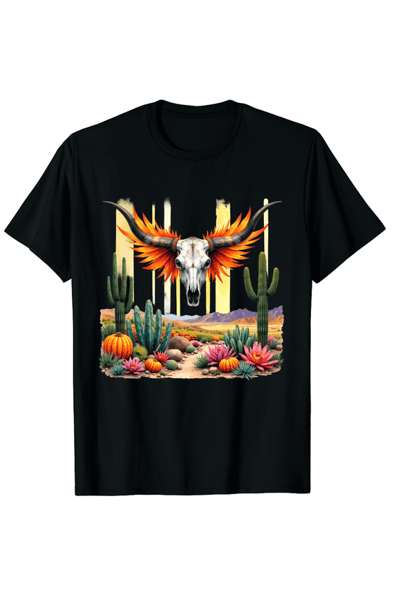 Retro Western Longhorn Skull Graphic T-Shirt Desert Cactus Pumpkin Autumn Harvest Boho Style Unisex Short Sleeve Tee