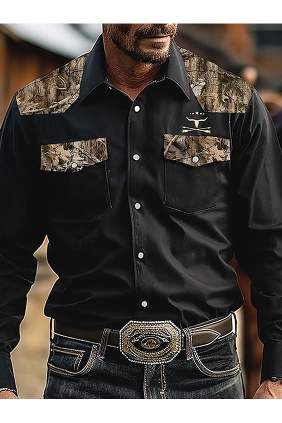 Retro Western Pattern Printed Men's Casual Loose Comfortable Trendy Business Long Sleeve Shirts Black L