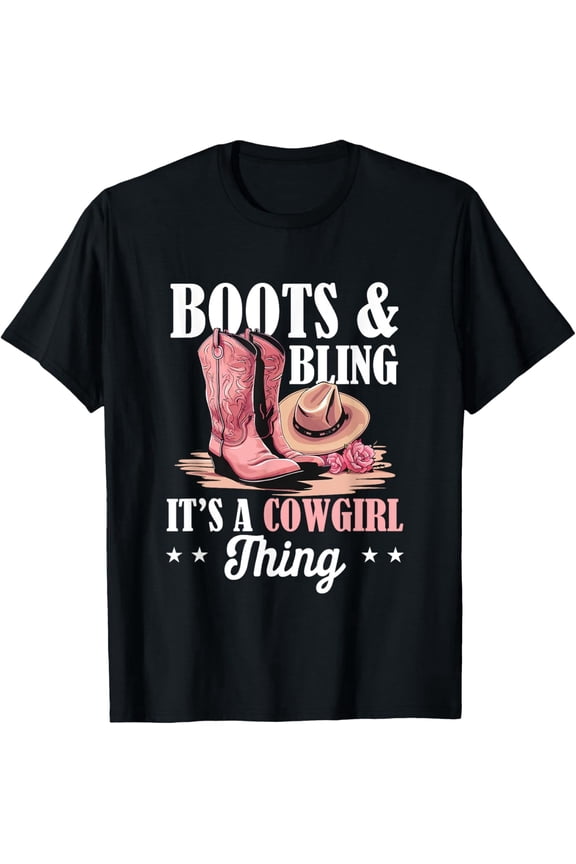 Retro Western Pink Boots and Hat Graphic T-Shirt Funny Country Music Women's Bling Apparel Short Sleeve Tee
