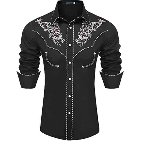 Retro Western Shirts for Men Long Sleeve Button Cowboy Shirt Stand Up Collar Tops Black XXXL