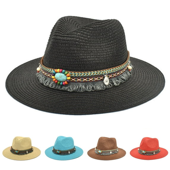 Retro Western Style Straw Hat with Leather Band Unisex Wide Brim Sun Hat for Riding