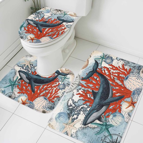 Retro Whale Bathroom Rugs Set Coral Starfish Non Slip Absorbent Soft Bath Mats 3 Piece Set with Bathroom Rug, U-Shaped Floor Mat, Toilet Seat Cover Large Size