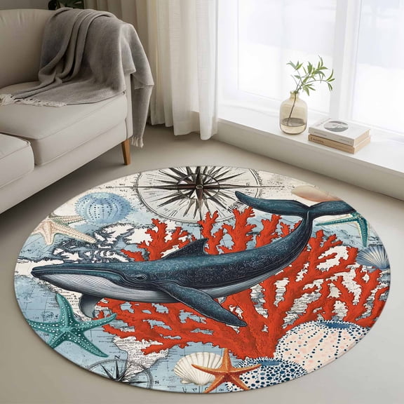 Retro Whale Round Area Rugs 3 ft, Coral Starfish Washable Small Area Rug with Non-Slip Sturdy Edge Binding Round Front Door Mat Floor Carpet for Entryway