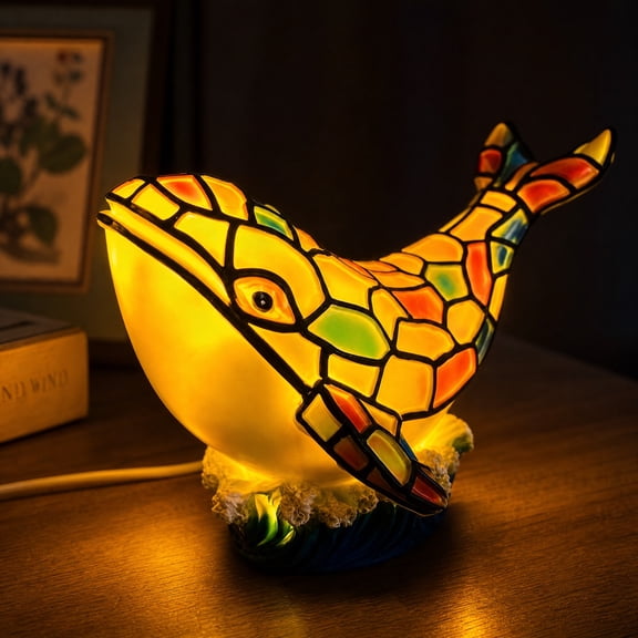Retro Whale Stained Resin Night Light,Novelty Whale Table Lamp, Compact Desktop Bedside Decor Lamp, Unique Holiday Birthday Gift for Bedroom Home Office