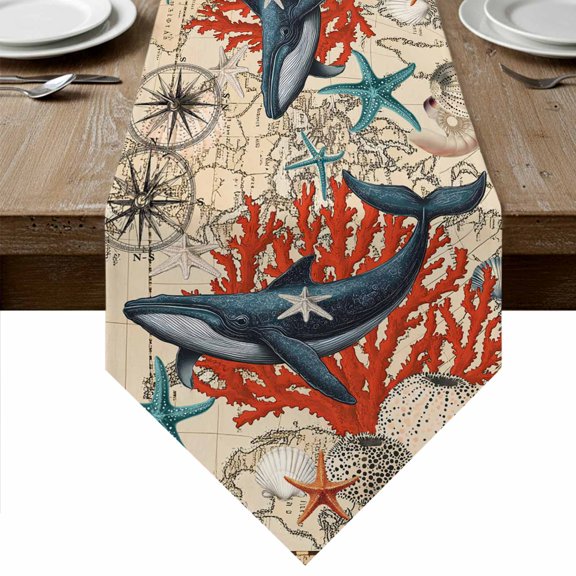 Retro Whale Table Runner Linen Burlap Table Runner 36 Inches Small Vintage Coastal Coral Starfish Nautical Dresser Scarves for Kitchen Island Coffee Dining Party Wedding Banquet Holiday Decor 13"x36"