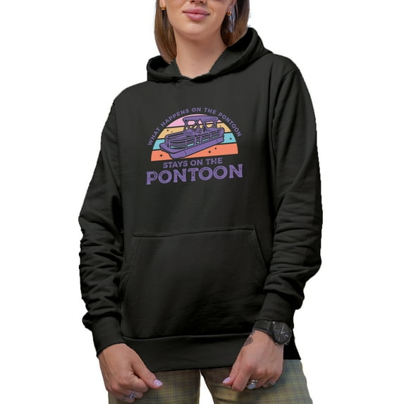 Retro What Happens on the Pontoon, Stays on the Pontoon Art Merch Gift, Black Hooded Sweatshirt or Hoodie, 2XL