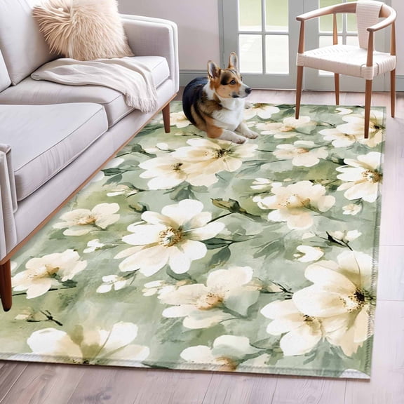 Retro White 3x5 Area Rugs for Living Room, Floral Blooming Watercolor Sage Green Oil Paint Non Slip Floor Mat Washable Low-Profile Indoor Carpet for Bedroom, Dining Room, Bathroom
