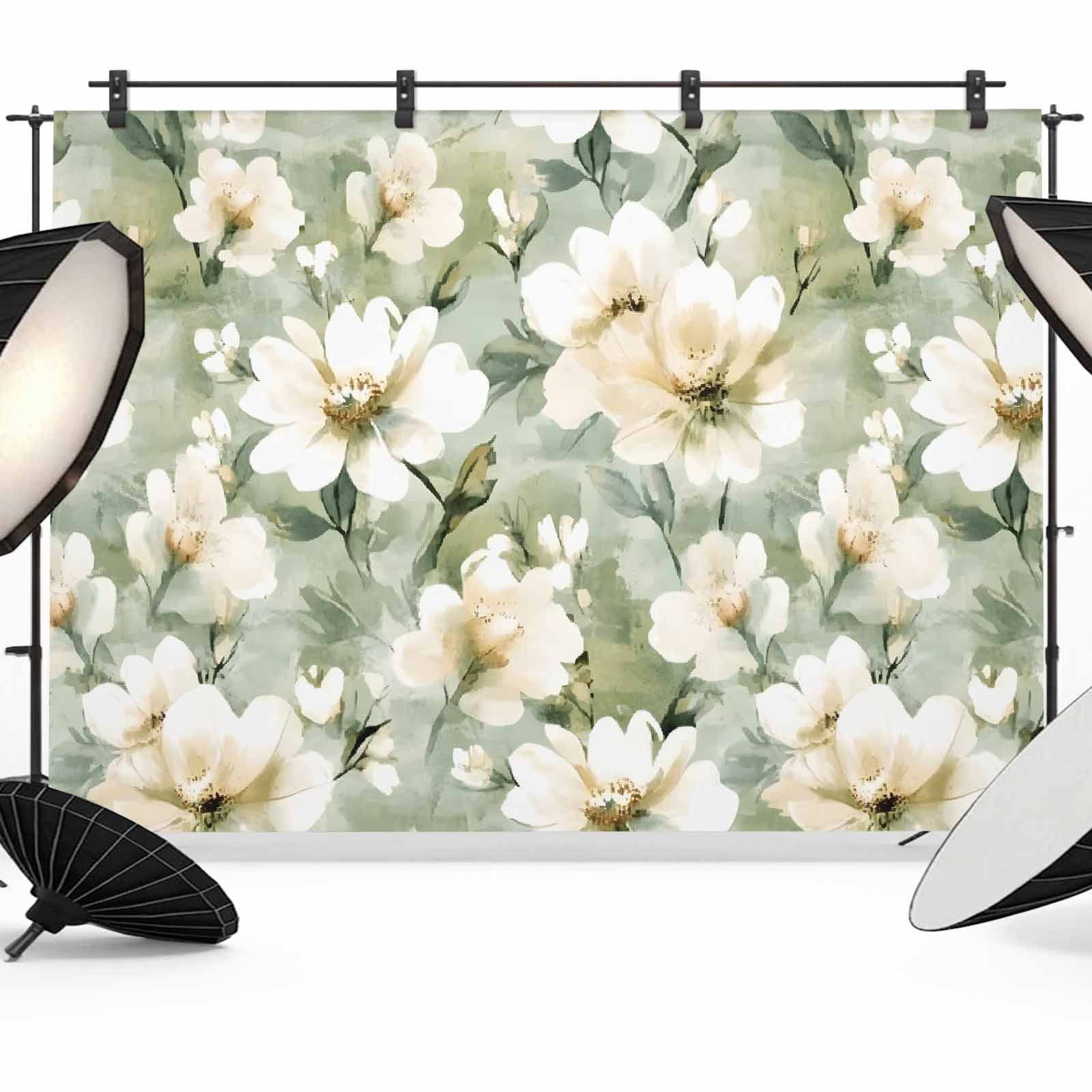 Retro White Backdrop for Photography, Floral Blooming Watercolor Sage Green Oil Paint Photo Backdrop Portrait Background Party Banner Photo Backgrounds for Studio Booth Props, 7x5ft