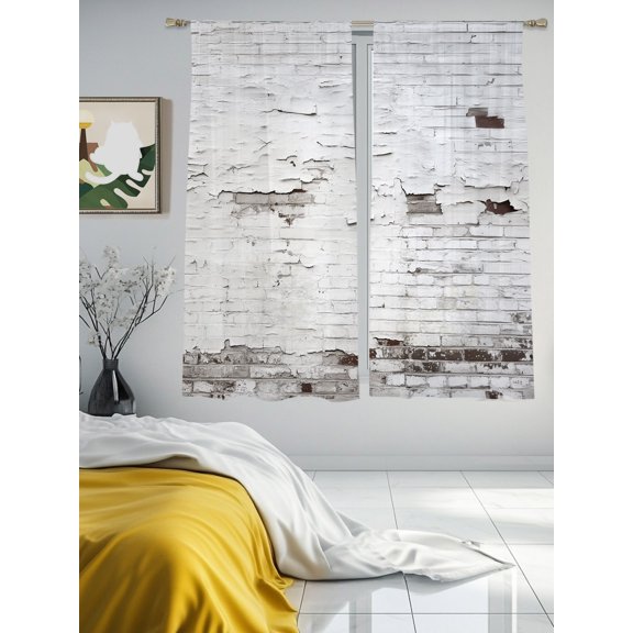 Retro White Brick Wall Backdrop Chiffon Sheer Curtains 63 Inches Long Abstract Pattern Rod Pocket Window Curtains Voile Drapes Curtains for Living Room Bedroom,2 Panels