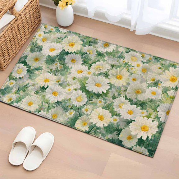 Retro White Daisy 2'x3' Rug for Entryway Front Door Kitchen Sink Area, Watercolor Flower Green Leaf Spring Floral Farm Low Pile Non Slip Rectangle Area Rug, Machine Washable Indoor Outdoor Mat