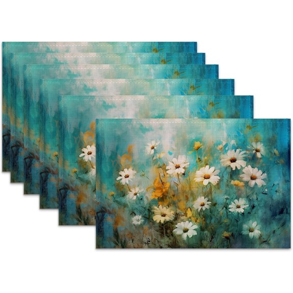 Retro White Daisy Placemats Set of 6 Linen Heat Resistant,Floral Modern Art Table Mats Washable Rustic Place Mats Decoration for Home Kitchen Dining Room Party 12x18 Inch