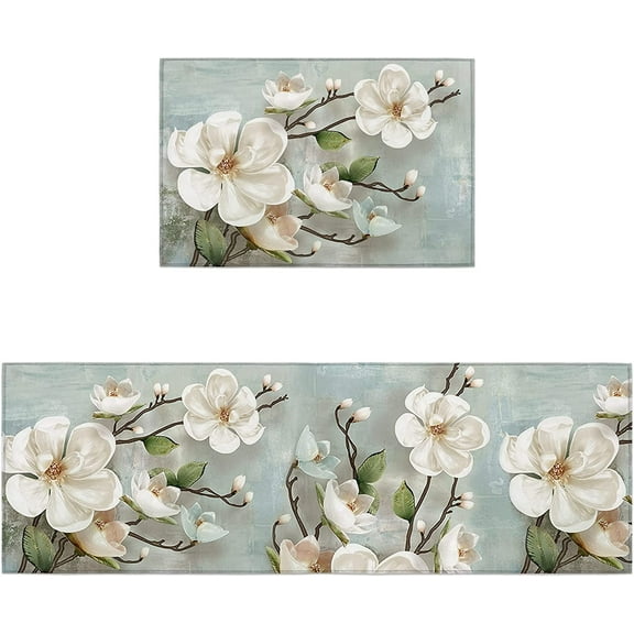 Retro White Flowers Kitchen Rugs Set of 2,Country French Chic Florals Watercolor Washable Bath Shower Door Welcome Runner Area Rug Mat Carpet for Bedroom Bathroom Living Room Accent Throw Rug,Large