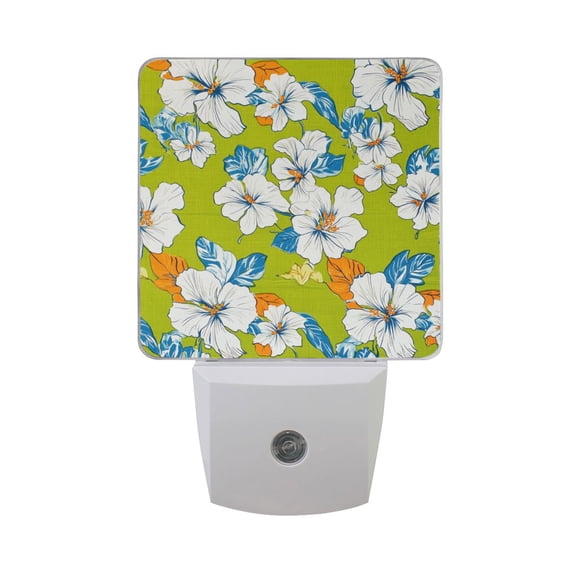 Retro White Hibiscus Flowers Tropical LED Night Light with Smart Sensor Plug Into Wall Dusk to Dawn 2 packs