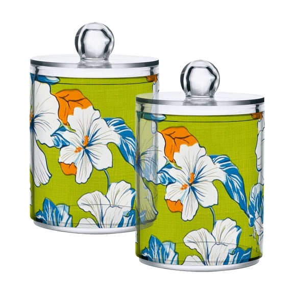 Retro White Hibiscus Flowers Tropical Translucent Plastic Cans Storage Canisters with Lid Set of 2