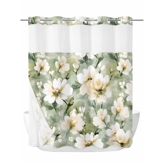 Retro White No Hook Shower Curtain and Liner Set Floral Blooming Watercolor Sage Green Oil Paint Shower Curtains with Snap-in Liner & See Through Top Window Hotel Style for Bathroom Decor 72x72 Inch