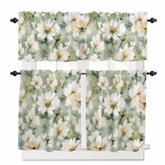 Retro White Kitchen Curtains and Valances Set, Floral Blooming Watercolor Sage Green Oil Paint Rod Pocket Window Valance Window Curtain Panels for Living Room Bedroom Laundry, 27.5x36in, 3 Pieces