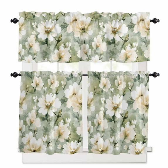 Retro White Kitchen Curtains and Valances Set, Floral Blooming Watercolor Sage Green Oil Paint Rod Pocket Window Valance Window Curtain Panels for Living Room Bedroom Laundry, 27.5x24in, 3 Pieces