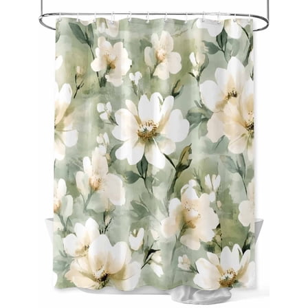 Retro White Shower Curtain, Floral Blooming Watercolor Sage Green Oil Paint Waterproof Shower Curtain Set with 12 Hooks Lightweight Washable Fabric Shower Curtains for Bathroom 72x78 Inches