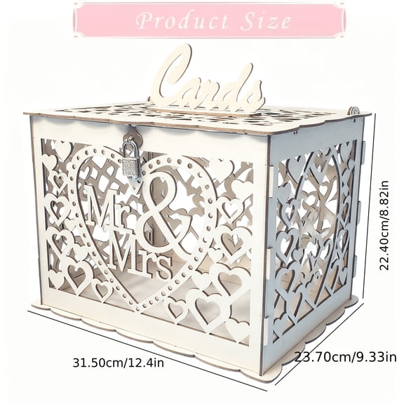 Retro White Wooden Wedding Card Box,Mr&Mrs Envelope Box with Heart Cutout Floral Pattern,Gift Card Holder with Slot and Lock for Reception Birthday Baby Shower Graduation Party